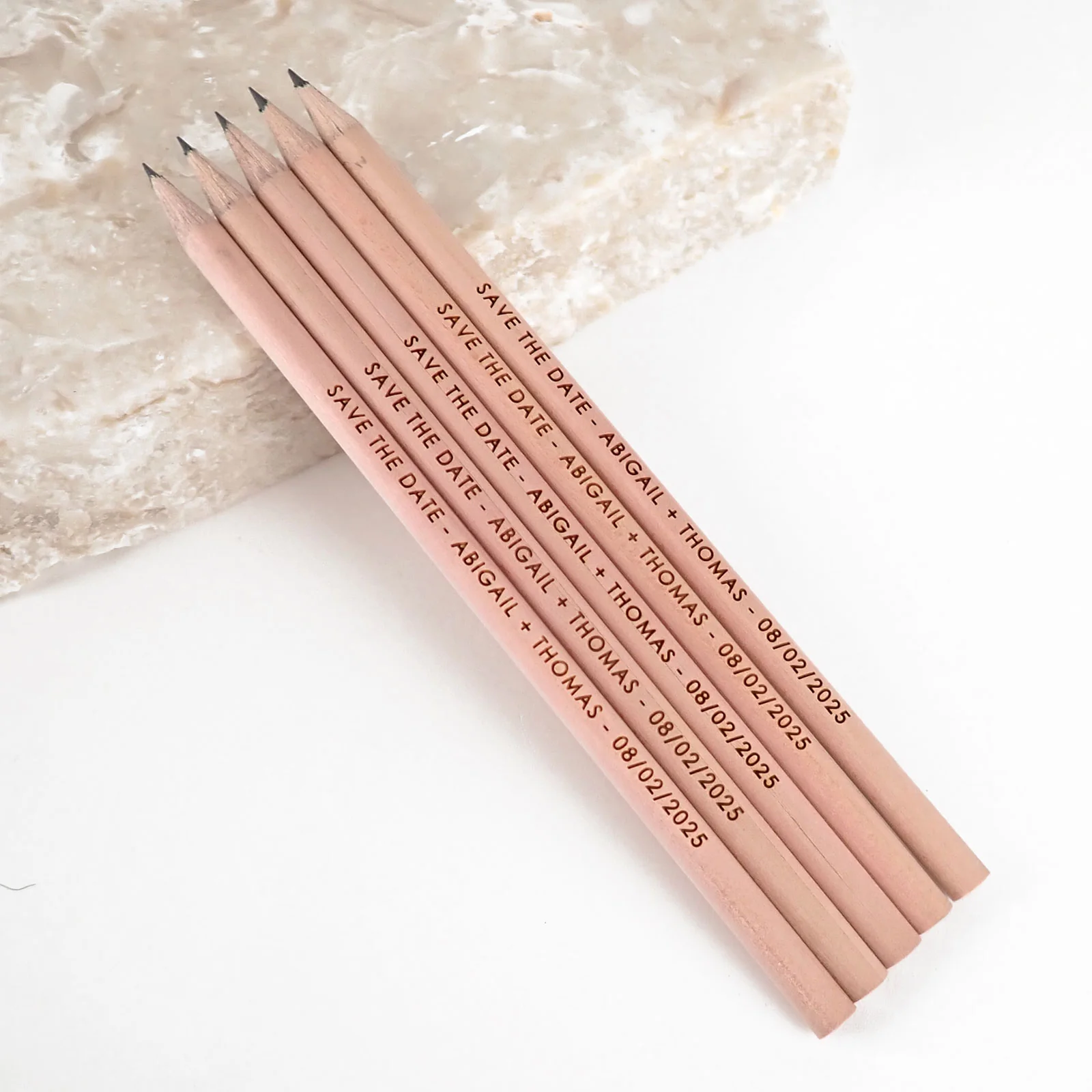 Neutral-wedding-ideas-inspiration-engraved-Save-The-Date-pencils-by-Personalised-Favours