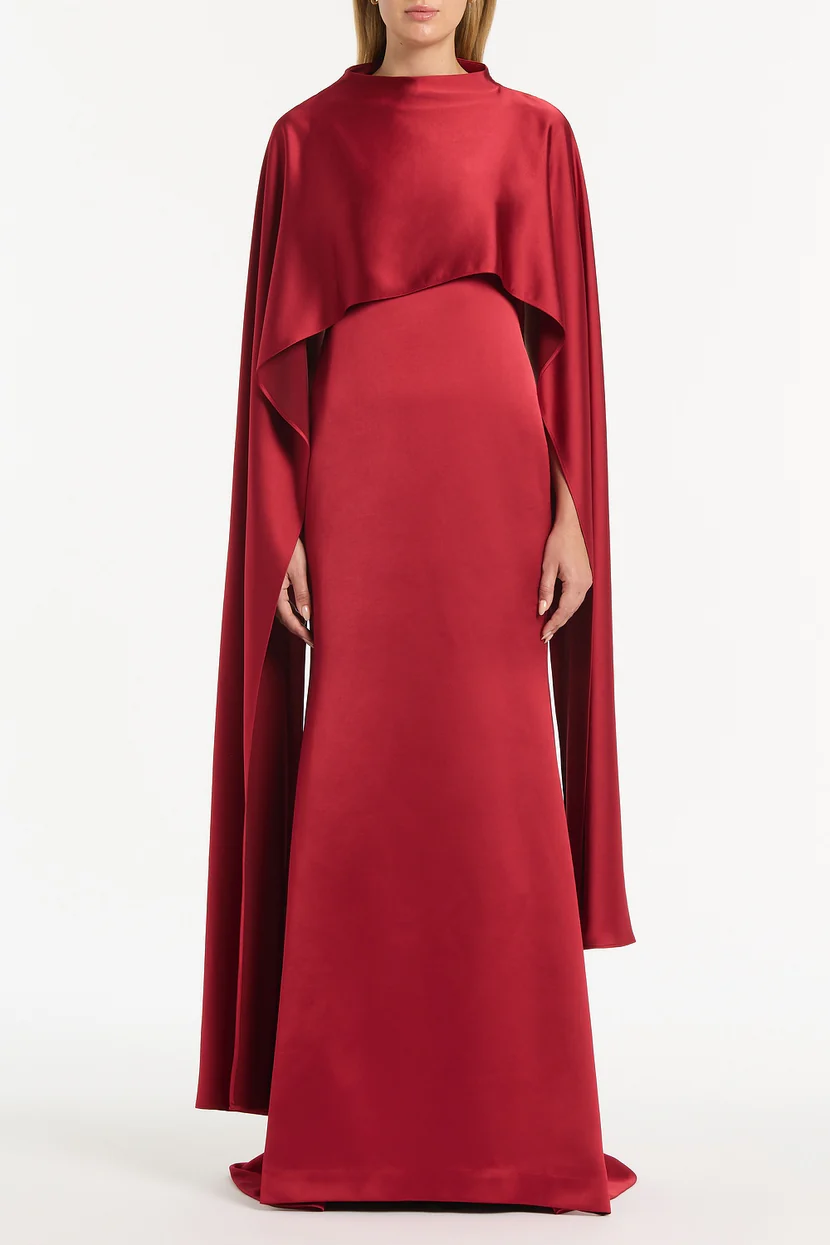 Wedding-guest-dress-codes-black-tie-Carla-Zampatti-Rio-red-satin-cape-dress