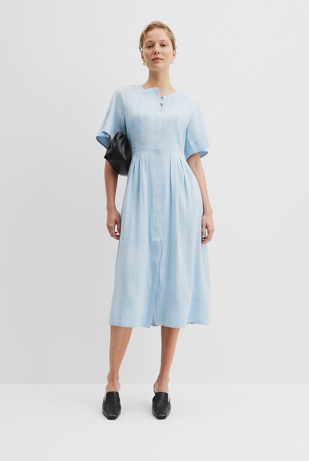 Wedding-guest-dress-codes-casual-Country-Road-Organically-grown-linen-tuck-detail-shirt-dress