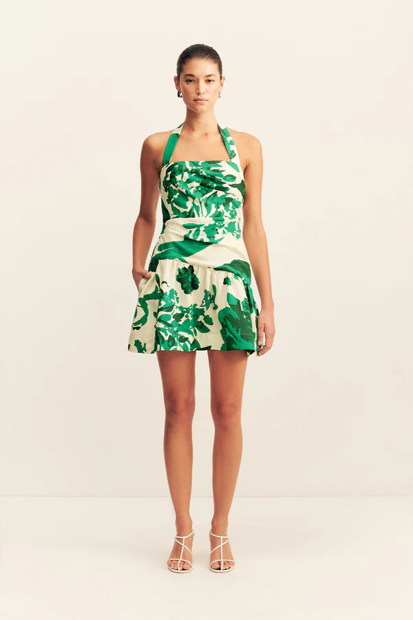 Wedding-guest-dress-codes-casual-Shona-Joy-Joni-halter-draped-mini-dress