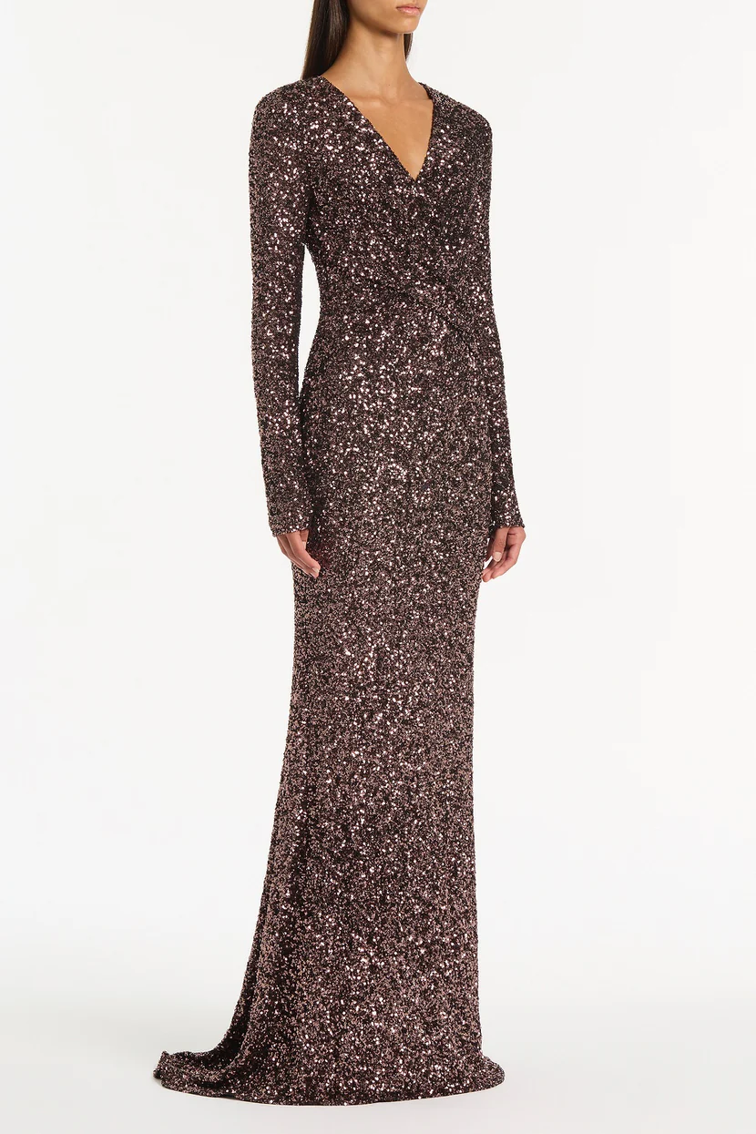 Wedding-guest-dress-codes-white-tie-Carla-Zampatti-Copper-Sequin-twist-front-gown