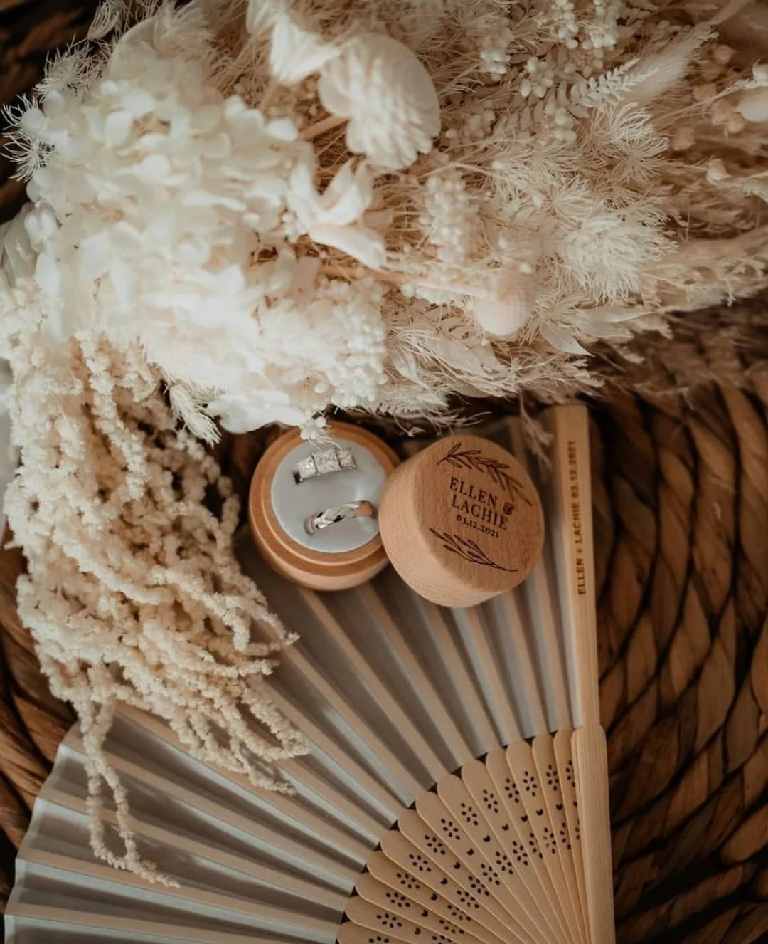 autumn-wedding-ideas-engraved-ring-box-and-fan-Personalised-Favours-photo-ellen-p-faith
