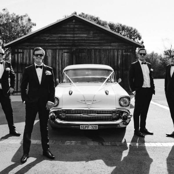 Brad & Groomens  Old Broadwater Farm  Penelope Brads beautiful bride organised our Chevy as a surprise pick-up for Brad & his lads