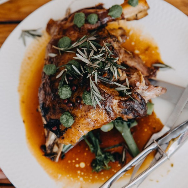 Barbequed lamb shoulder, gremolata crumble and jus