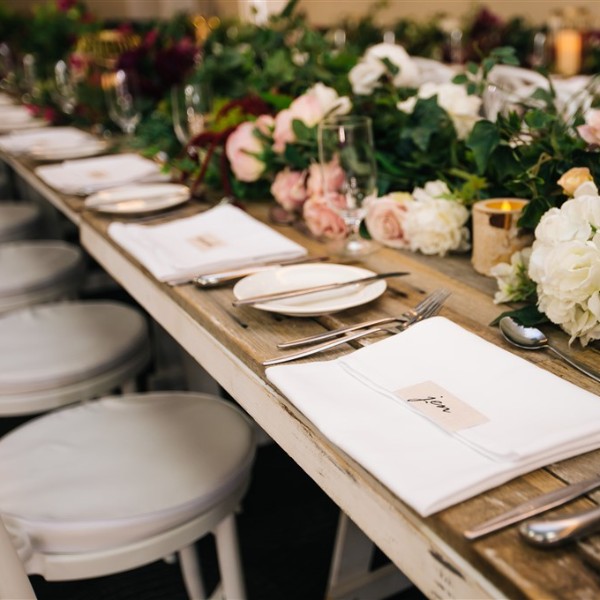 Rustic farm tables for wedding reception