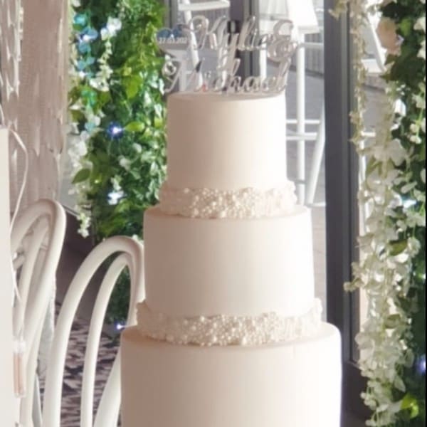 Fondant and pearls wedding cake with macaron tower _ Deelish Cake Creations