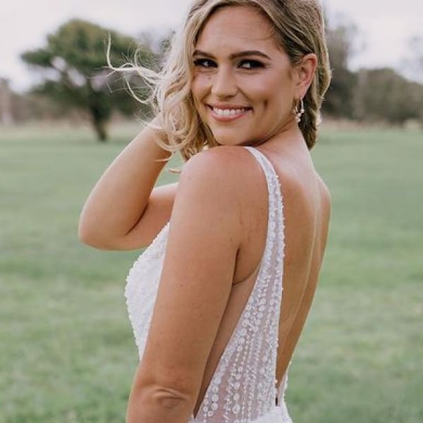 Oscar and Ivy Gown soft glam warm tones.