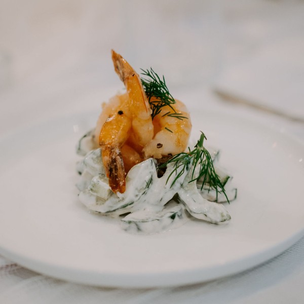 Chargrilled Prawns w/ a creamy cucumber & dill salad. (gf)