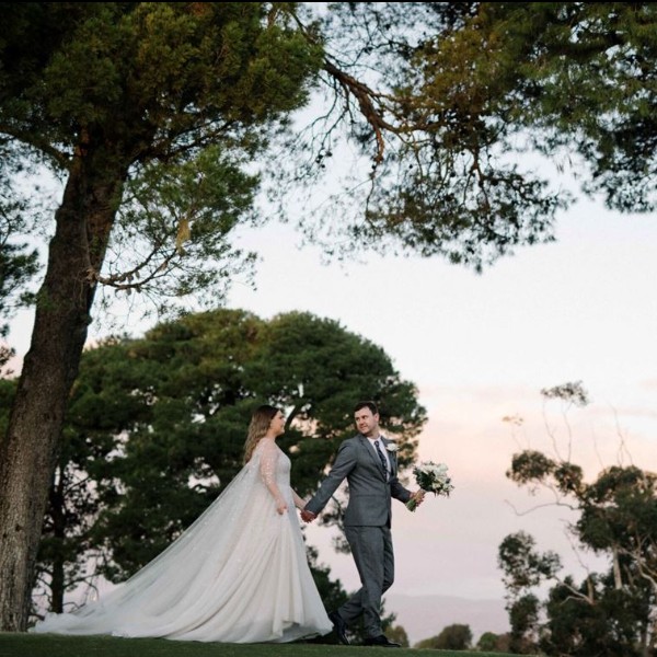 Bride and groom walking