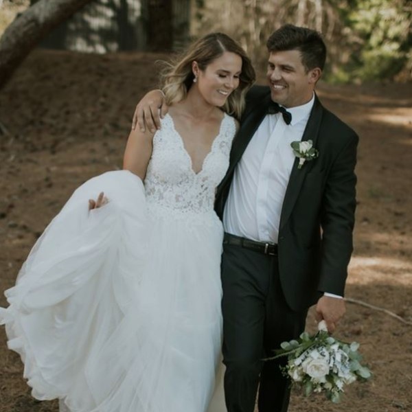 Bride and groom walking
