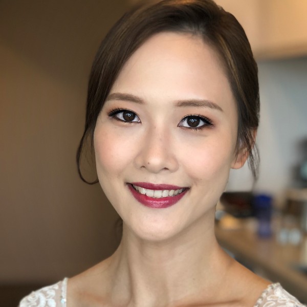 Asian soft glam makeup with low updo