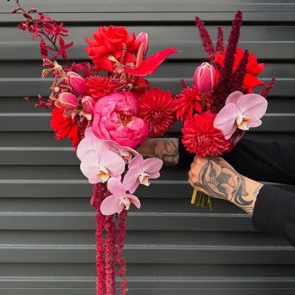 Modern bridal bouquets featuring amaranthus, dahlias, anthuriums, orchids, tulips and reflexed roses in bold colours by Lillypad Flowers