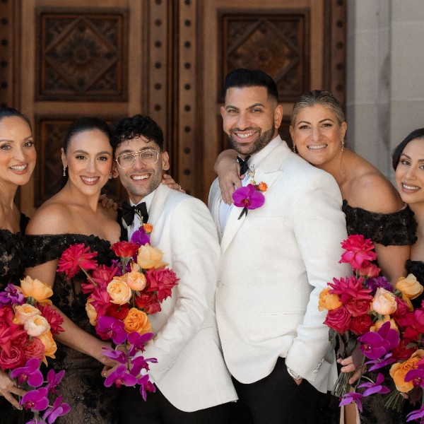 Bright Bold Colour Palette Wedding Flowers, Reflexed Roses, Orchids. Lillypad Flowers