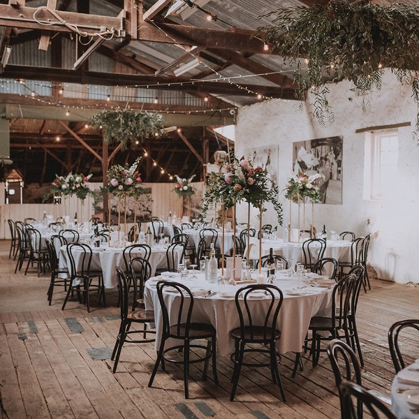 Lighting, furniture and green chandeliers, Bungaree Woolshed
