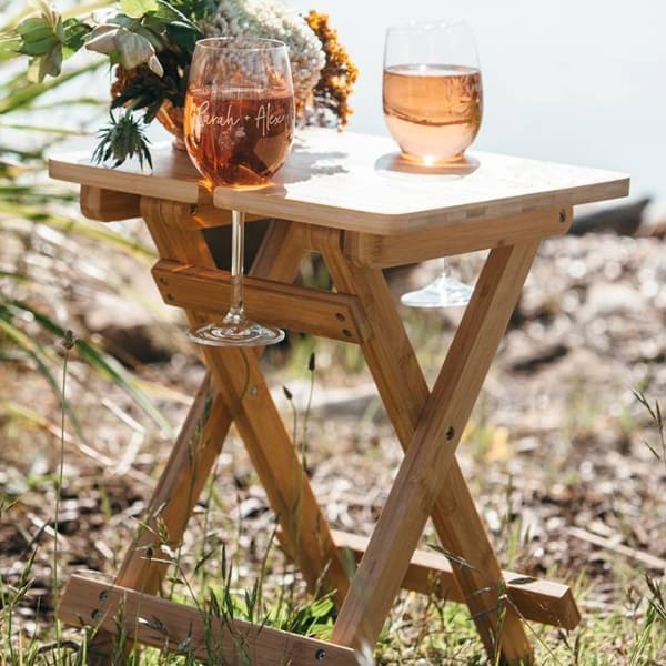 Engraved Wooden Picnic Table with Wine Glasses