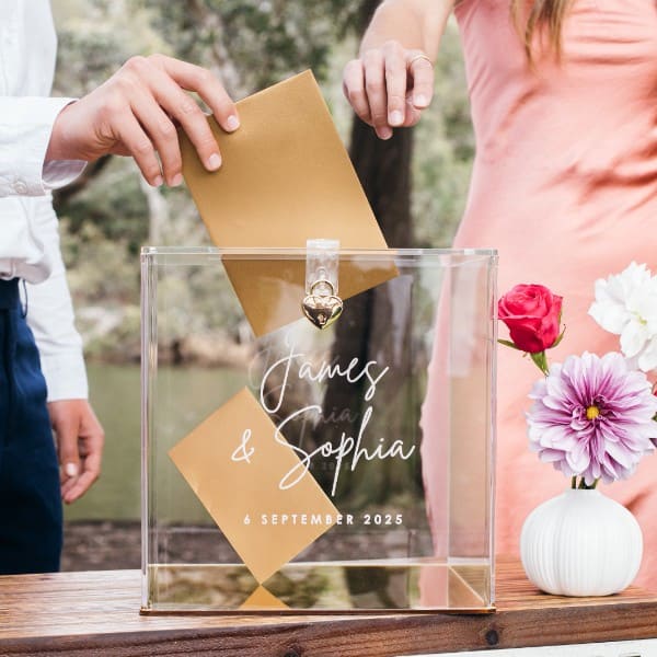 Engraved Acrylic Wedding Wishing Well Box with Mirror Gold Base