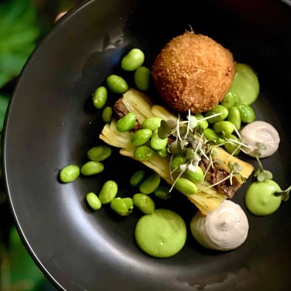 Sous vide lamb rump, rosemary, pulled lamb and confit potato terrine, pea and black garlic puree, edamame beans - Fine Dining Menu