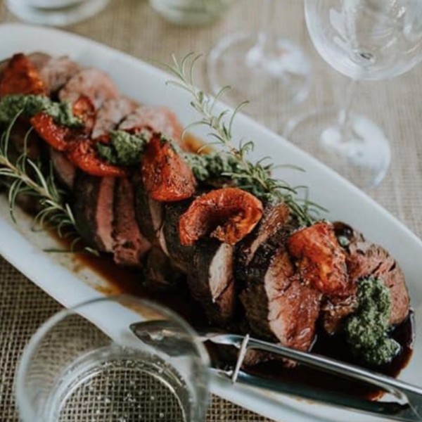 Peppered Beef Fillet w Confit Heirloom Tomatoes and Salsa Verde