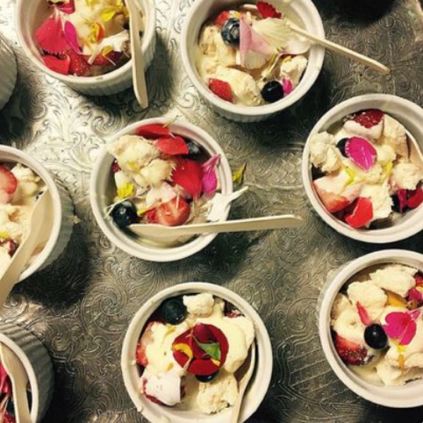 Eton Mess w Italian Meringue, Boozy Berries and Creme Anglaise