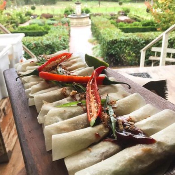 Chive Pancake w Smoked Duck + Plum