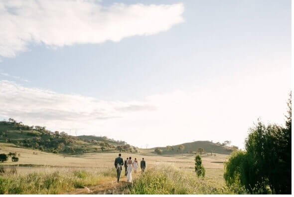 Bridal party with country backdrop