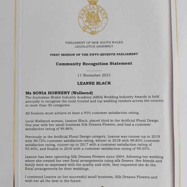 NSW Parliament Recognition: 2021