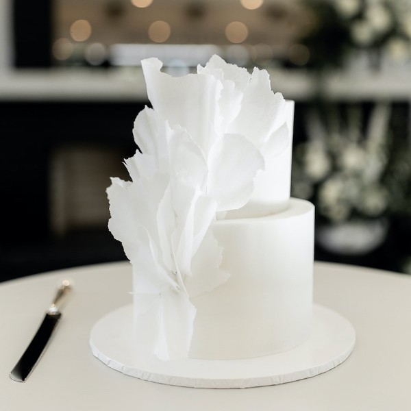White wedding cake with rice paper sails by SuperEgo Cakes