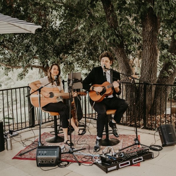 Adam & Jasmin, Duo for the the Famos & Co sing and play a live music set during cocktail hour at Maleny wedding