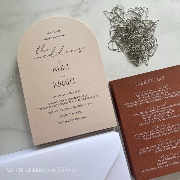 Wedding Invitations for Kurt & Kiralee - Design: Capri, Shape: Arch, Colours: Rudi Nudi or Almond, Harvest & Winter White envelopes.