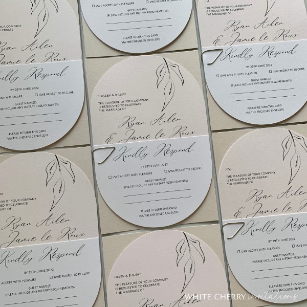 Wedding invitations layered perfectly for Ryan & Jamie - Design: Opal, Shape: Double Arch, Colours: Nude, Bio Cycle & Almond